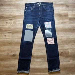 UNIQLO Selvedge Jeans Men 31x32 Blue Slim Fit Straight Leg Patchwork Unique Pant